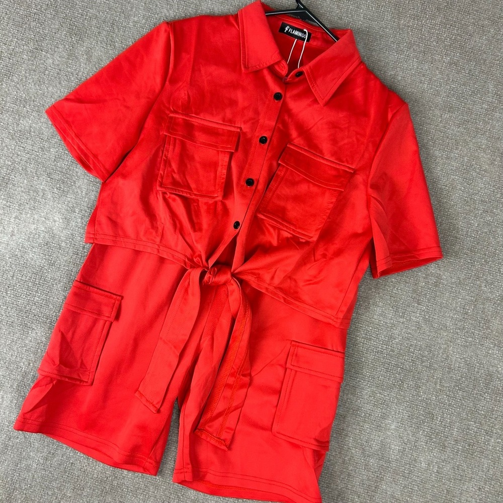 Flamingo 2 Piece Shirt & Shorts Womens Large‎ Red Stretch Button Front Tie Hem